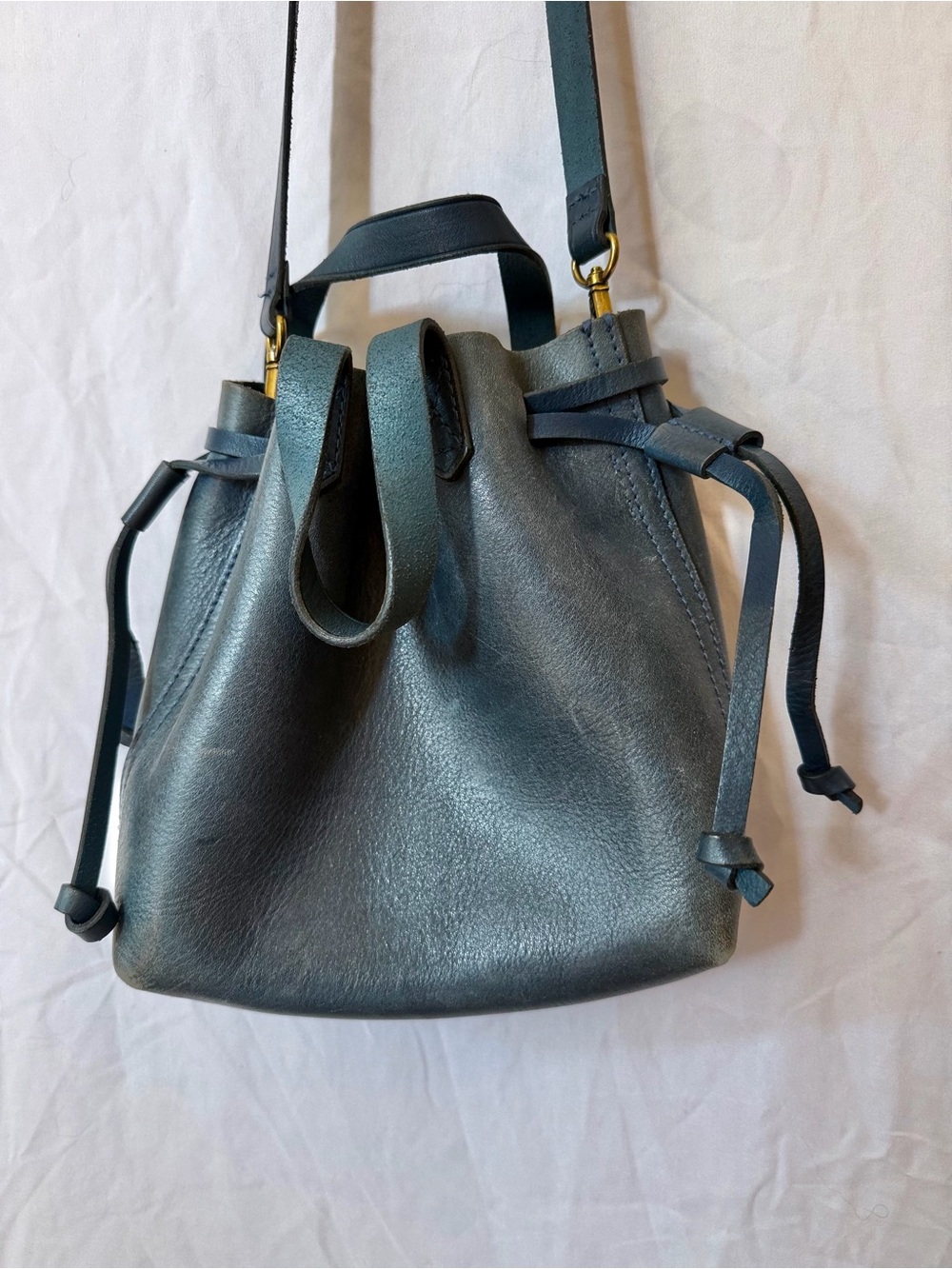 Madewell Blue Leather Drawstring Bucket Bag Crossbody Adjustable Strap